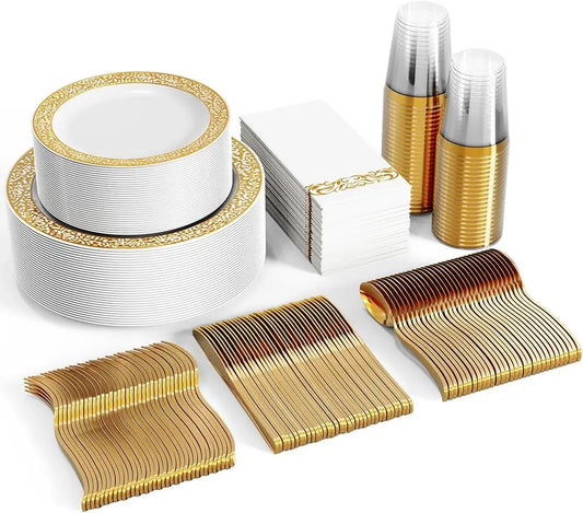 Skorter | 350pcs Disposable Gold Lace Dinnerware Set for 50 Guests