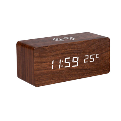 Skorter | Wooden Alarm Clock Digital LED Charging Pad Alarm Clock Wireless Charger Thermometer