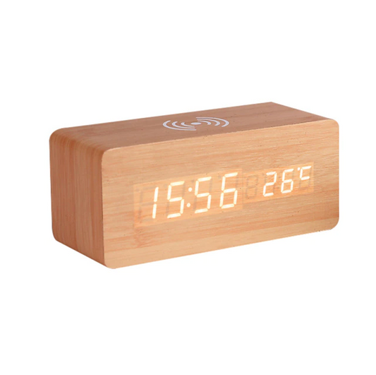 Skorter | Wooden Alarm Clock Digital LED Charging Pad Alarm Clock Wireless Charger Thermometer