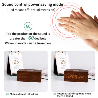 Skorter | Wooden Alarm Clock Digital LED Charging Pad Alarm Clock Wireless Charger Thermometer