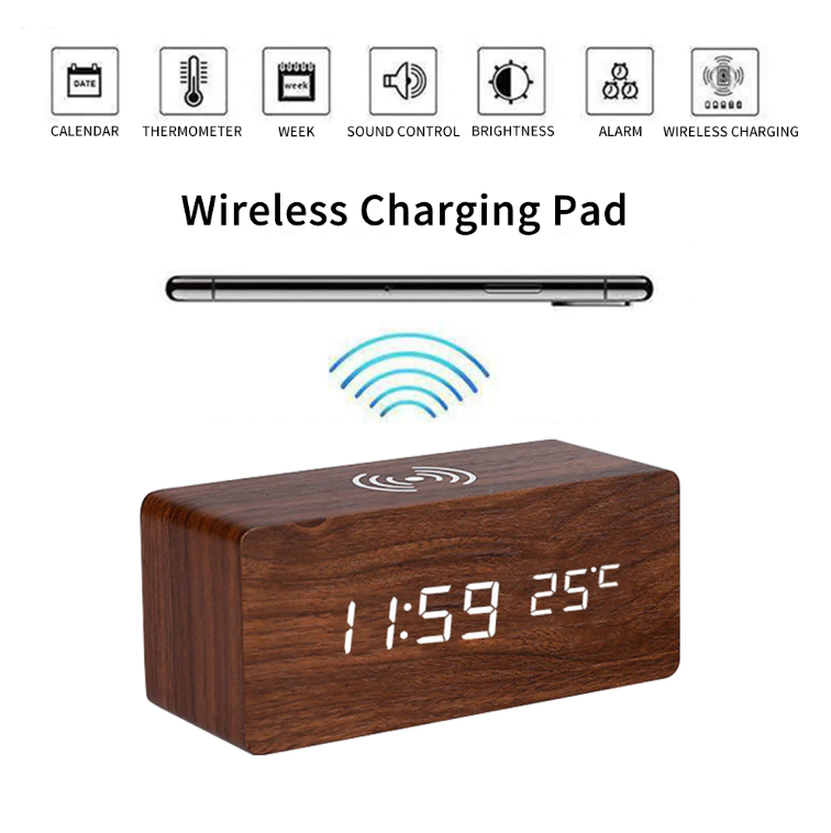 Skorter | Wooden Alarm Clock Digital LED Charging Pad Alarm Clock Wireless Charger Thermometer