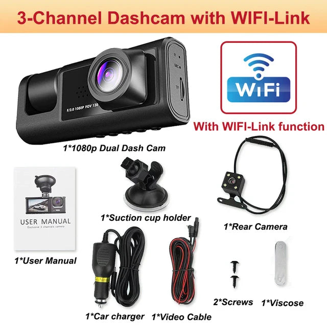 Skorter | 3-Channel Dash Cam with Wi-Fi - Front & Rear View - App Control