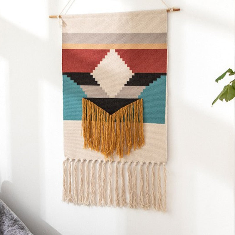 Skorter | Bohemian Wall Tapestry, Macrame Wall Hanging, Home Decoration, Cotton Linen Tassel, Handcrafted, Woven, Geometric Canvas Art, Background Wall Tapestries