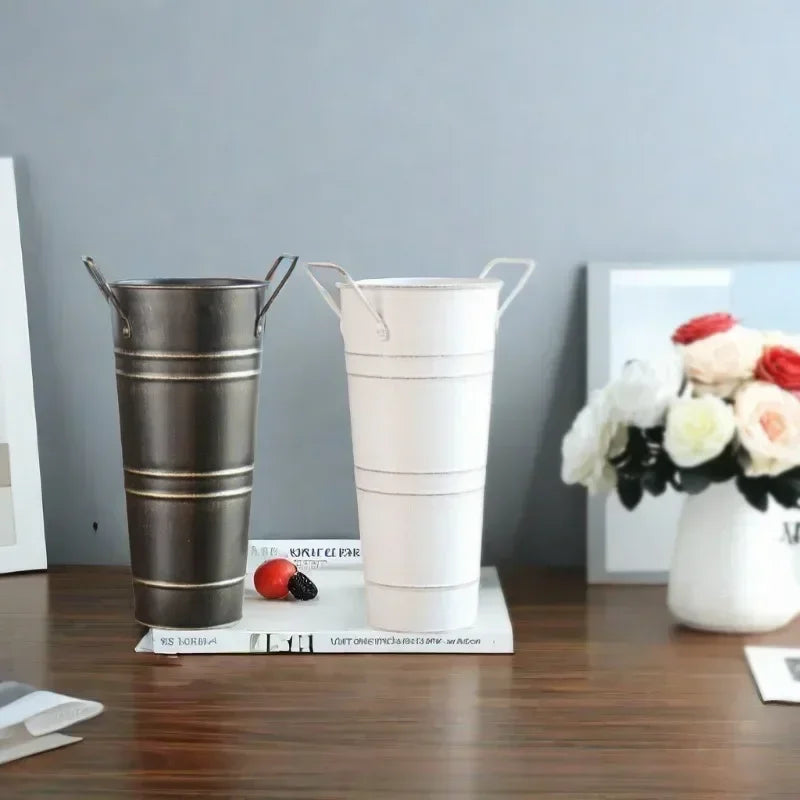 Skorter | Retro Iron Flower Bucket with Handles – Decorative Metal Flower Pot for Home