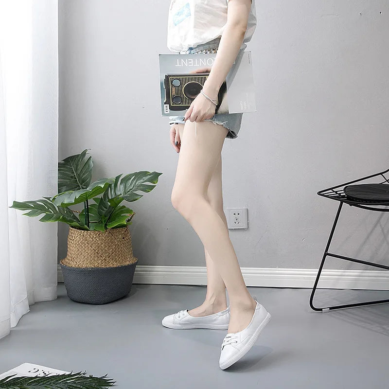 Skorter | 100% Genuine Leather Shoes Women Flat Casual Shoes Soft Cowhide White Flats