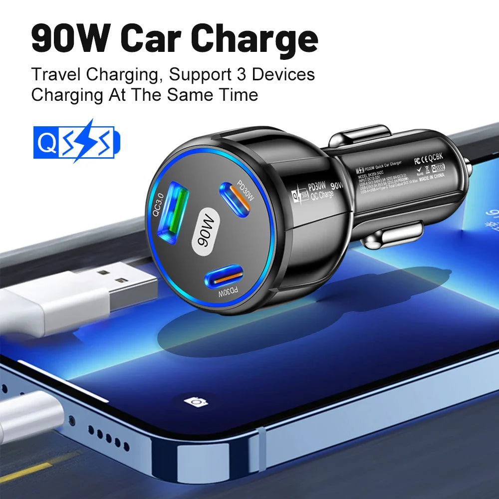 Skorter | 90W Fast Charger  3 Ports PD USB Car Charging Adapter - Quick Charger