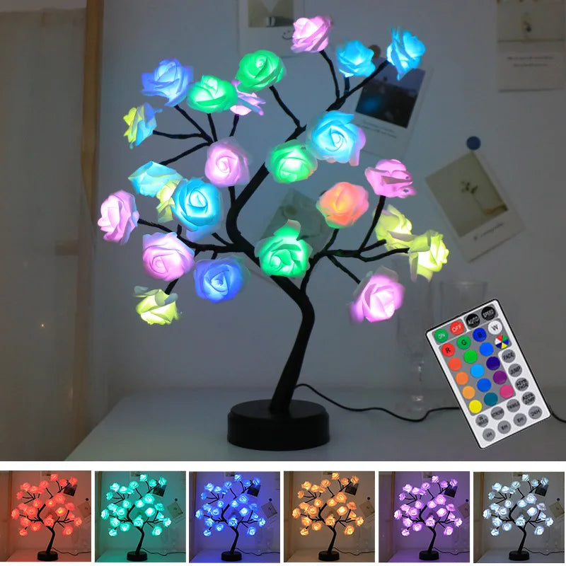 Skorter | RGB Rose Flower Tree Lights 24LED USB Battery Table Lamp Fairy Night Light Home Party Christmas Wedding Bedroom Decoration Gift