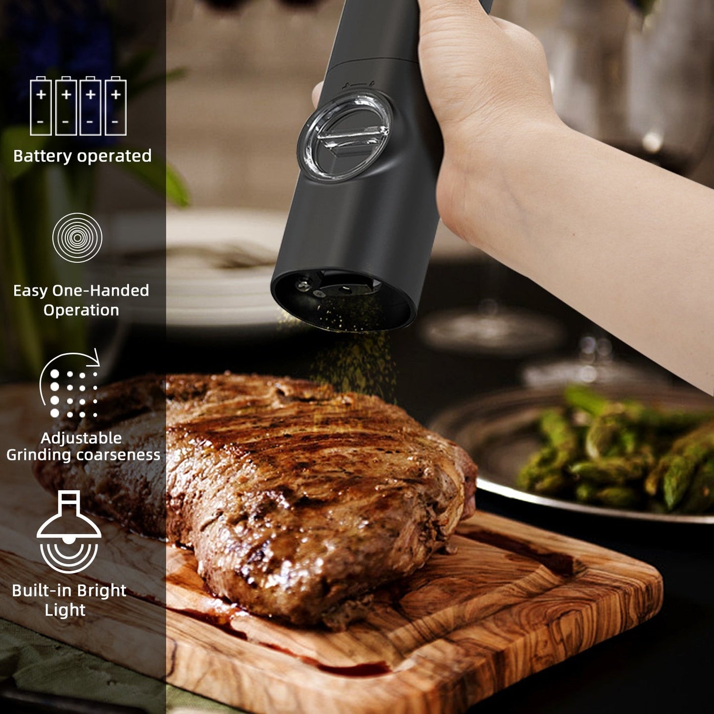 Skorter | Electric automatic pepper and salt mill with LED light and adjustable grind - Perfect for the kitchen or the restaurant