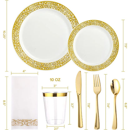 Skorter | 350pcs Disposable Gold Lace Dinnerware Set for 50 Guests