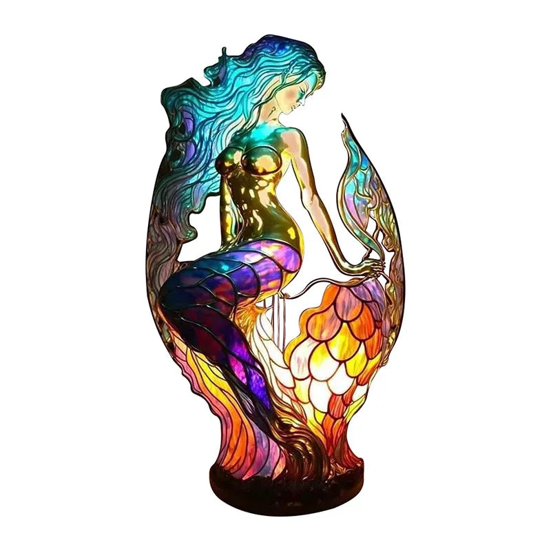 Skorter | 15cm Animal Resin Table Lamp with Stained Glass – Mermaid, Owl, Sea Turtle Design for Home Decor