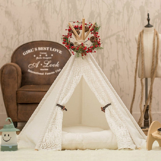 Skorter | Removable and Washable Canvas Fabric Pet Nest Pet Tent, Size:40x40x50 cm, Style:Spiked Lace (with Pad)