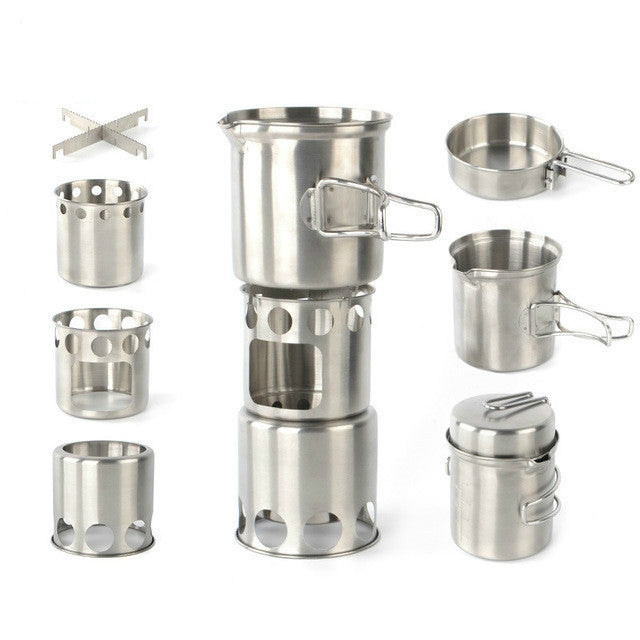 Skorter | Outdoor Stainless Steel Windproof Stove Portable Camping Roast Stove Set, Specification:Stove Set+Wood Stove