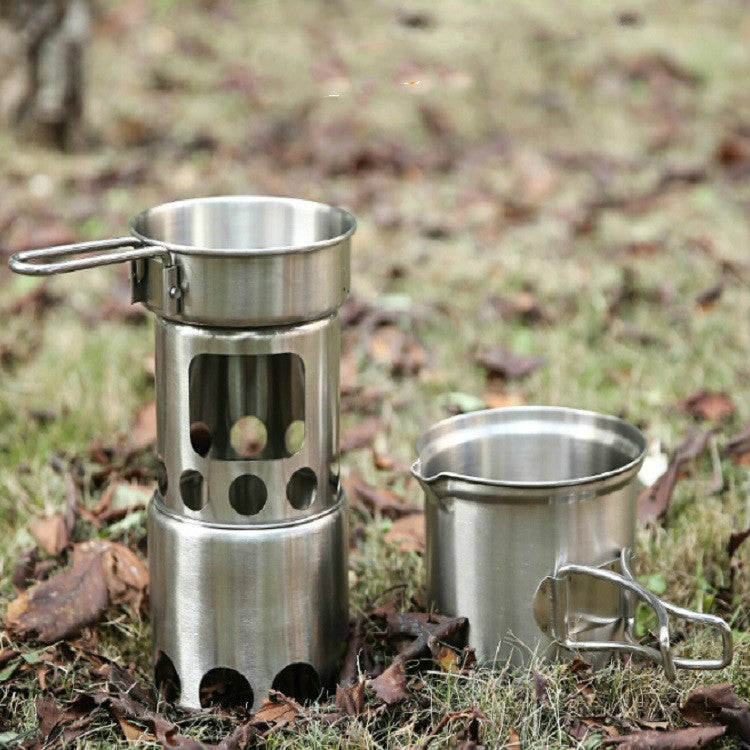 Skorter | Outdoor Stainless Steel Windproof Stove Portable Camping Roast Stove Set, Specification:Stove Set+Wood Stove