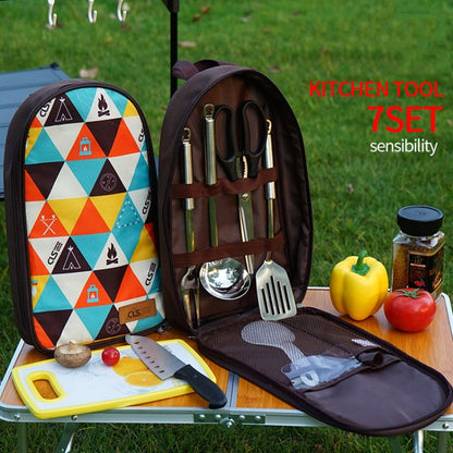 Skorter | CLS 7-In-1 Outdoor 201 Stainless Steel Cookware Set Picnic Kitchenware Portable Handbag Picnic Bag(Coffe)