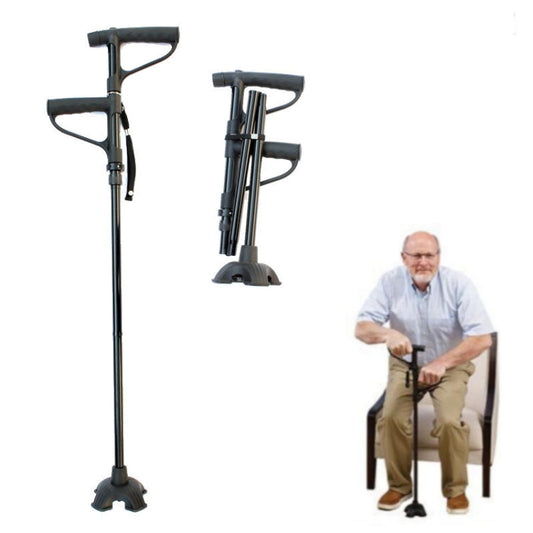 Skorter | Multifunctional Folding Double-Handle Elderly Crutches Aluminum Alloy Elderly Power-Assisted Walking Sticks Four-Legged Walking Sticks With Lights, Length: 86-98cm(Black)