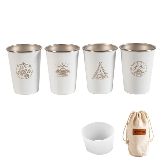 Skorter | 4 PCS / Set Outdoor Picnic Stainless Steel Cup With Storage Bag+Silicone Holder (White)