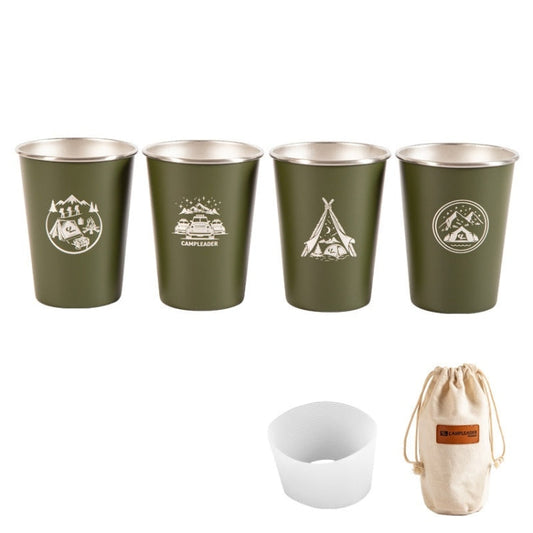 Skorter | 4 PCS / Set Outdoor Picnic Stainless Steel Cup With Storage Bag+Silicone Holder (Army Green)