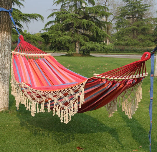 Skorter | 200x150cm Double Outdoor Camping Tassel Canvas Hammock with Stick(Pink Stripes)