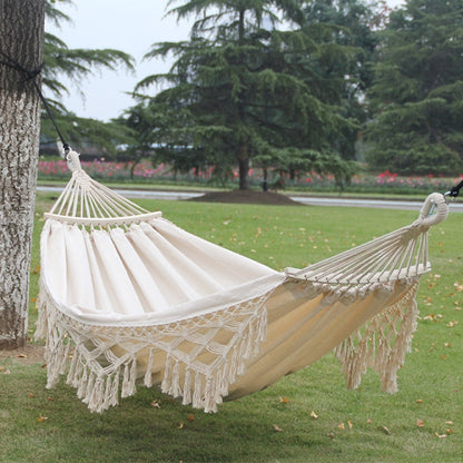 Skorter | 200x150cm Double Outdoor Camping Tassel Canvas Hammock with Stick(White)