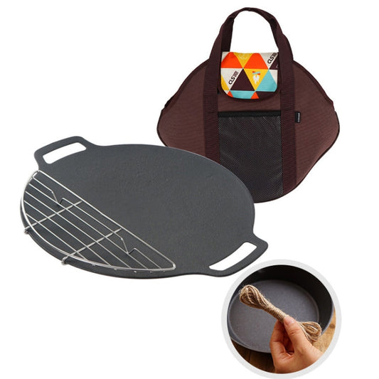 Skorter | Outdoor Camping BBQ Cast Iron Grill Pan,Style: Baking Pan+Net+Hemp Rope+Storage Bag