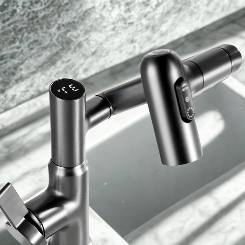 Skorter | FLOWAXIS – 360° Swiveling Kitchen Faucet with Adjustable Height & Temperature Display