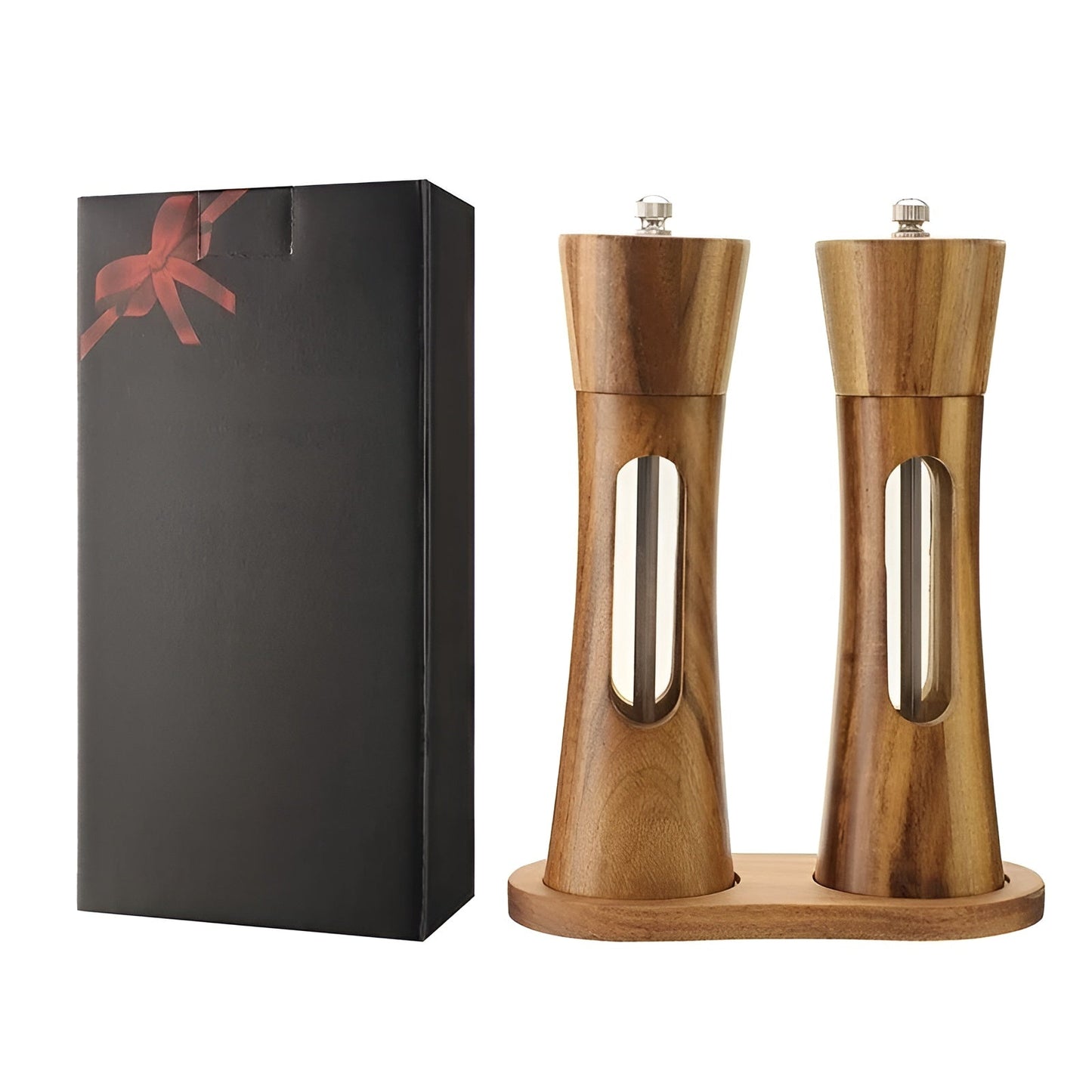 Skorter | SpiceCraft Manual Salt and Pepper Mill Set – Wooden Design with Acrylic Window Adjustable Grind Levels