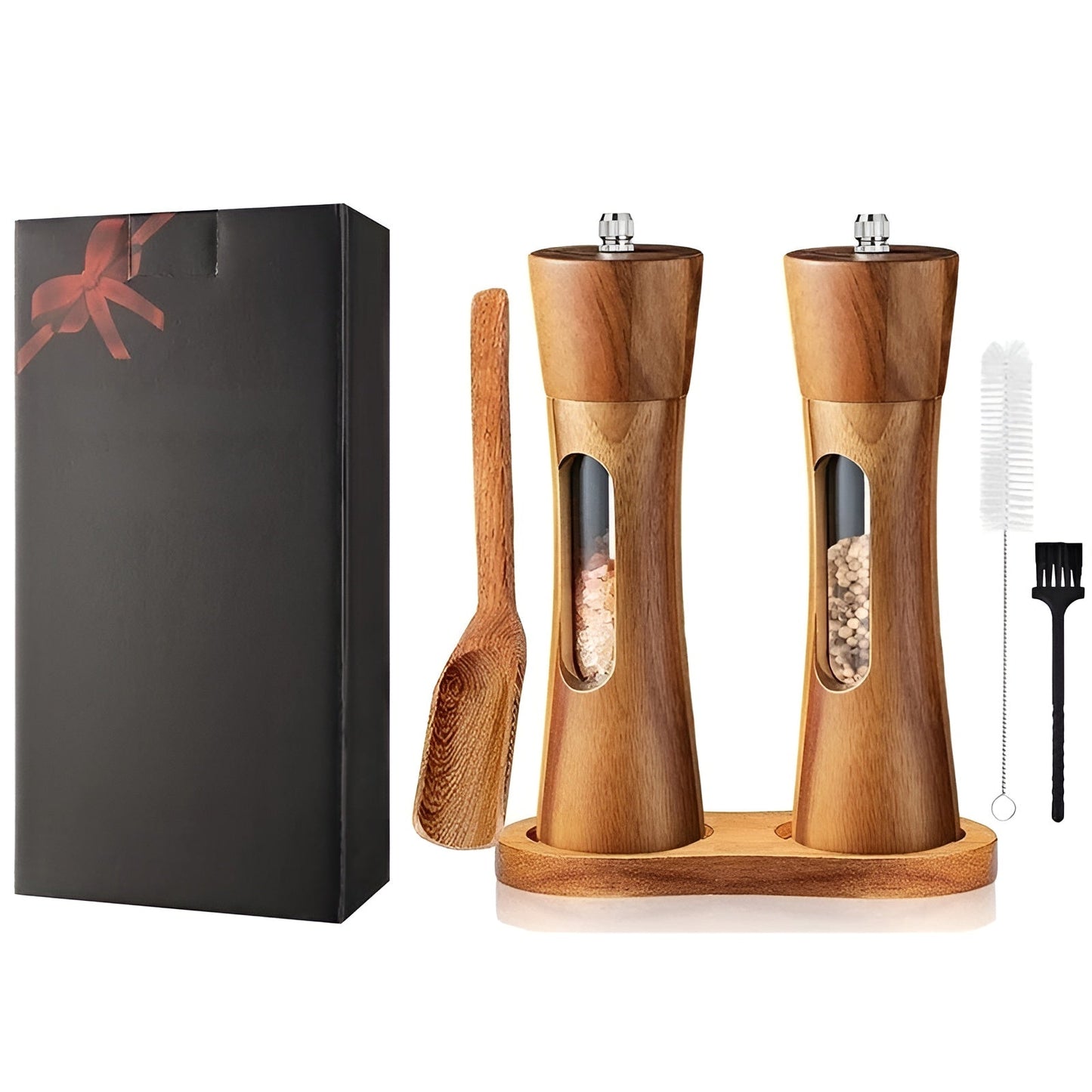 Skorter | SpiceCraft Manual Salt and Pepper Mill Set – Wooden Design with Acrylic Window Adjustable Grind Levels