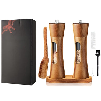 Skorter | SpiceCraft Manual Salt and Pepper Mill Set – Wooden Design with Acrylic Window Adjustable Grind Levels