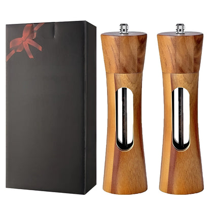 Skorter | SpiceCraft Manual Salt and Pepper Mill Set – Wooden Design with Acrylic Window Adjustable Grind Levels