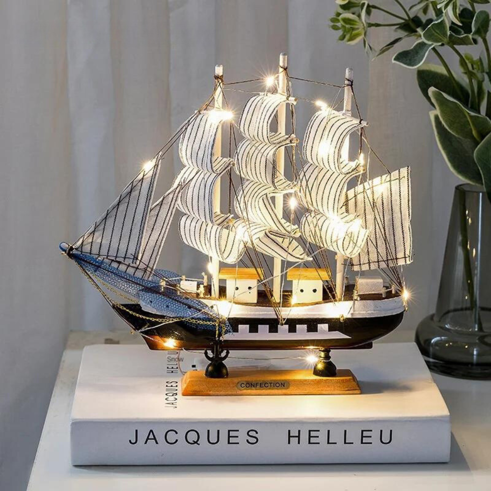 Skorter | Royaleva Nordic Wood Sailboat Sculpture - LED illuminated decorative piece, battery-operated