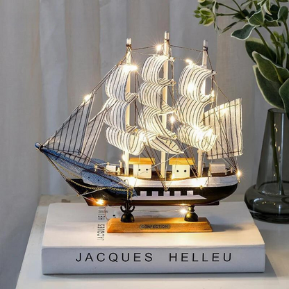 Skorter | Royaleva Nordic Wood Sailboat Sculpture - LED illuminated decorative piece, battery-operated