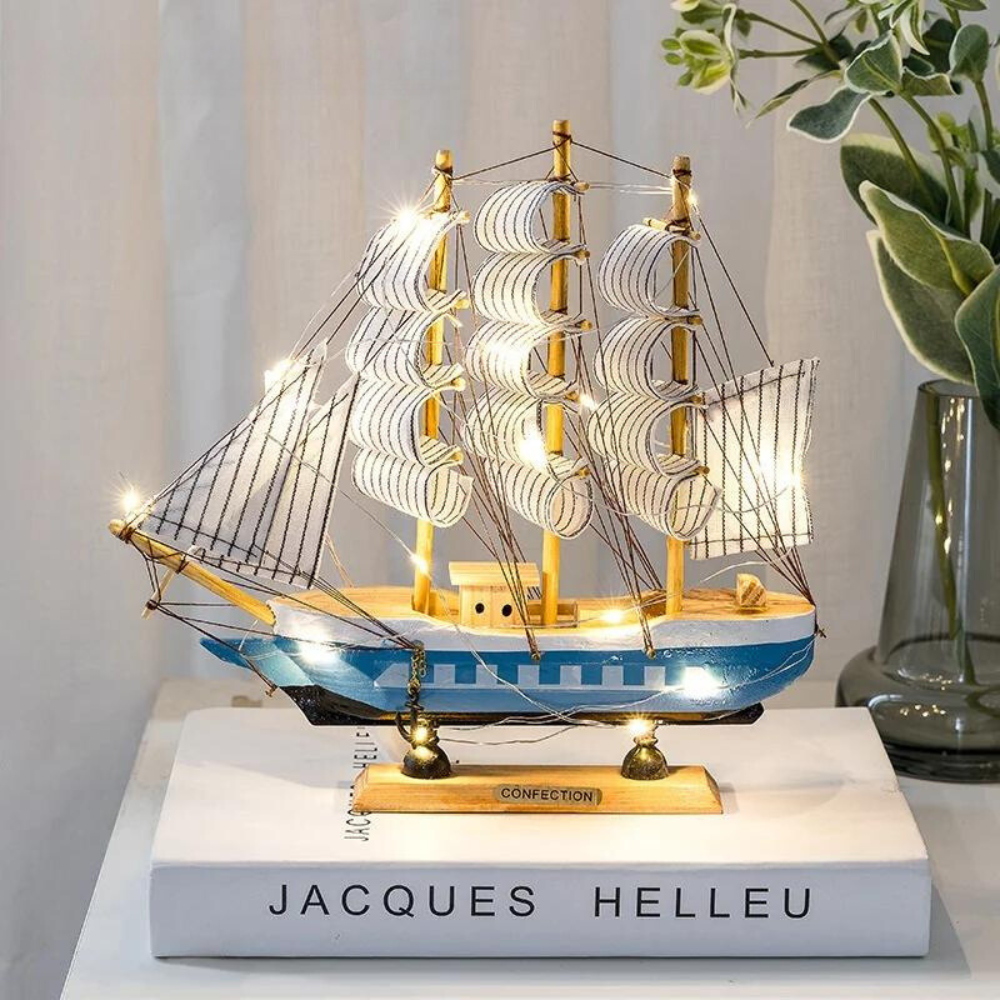 Skorter | Royaleva Nordic Wood Sailboat Sculpture - LED illuminated decorative piece, battery-operated