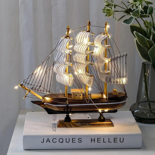 Skorter | Royaleva Nordic Wood Sailboat Sculpture - LED illuminated decorative piece, battery-operated