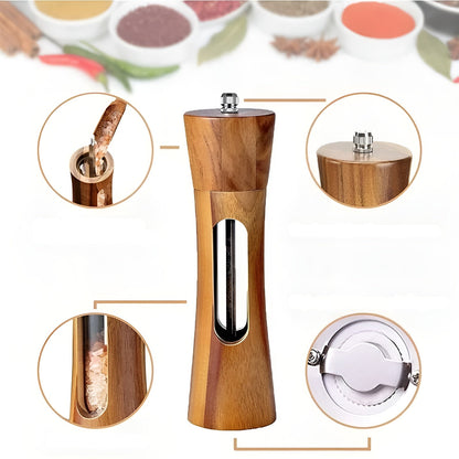 Skorter | SpiceCraft Manual Salt and Pepper Mill Set – Wooden Design with Acrylic Window Adjustable Grind Levels