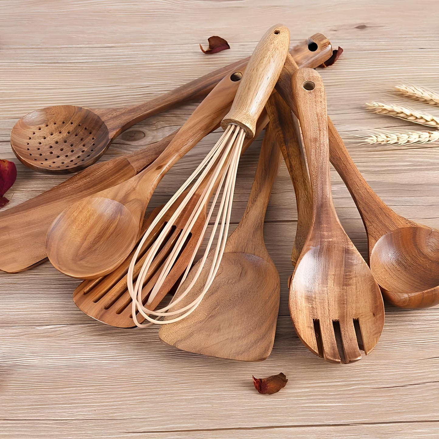 Skorter | 11-Piece Kitchen Utensil Set Made of Teak – Including Holder – Natural Look for the Kitchen
