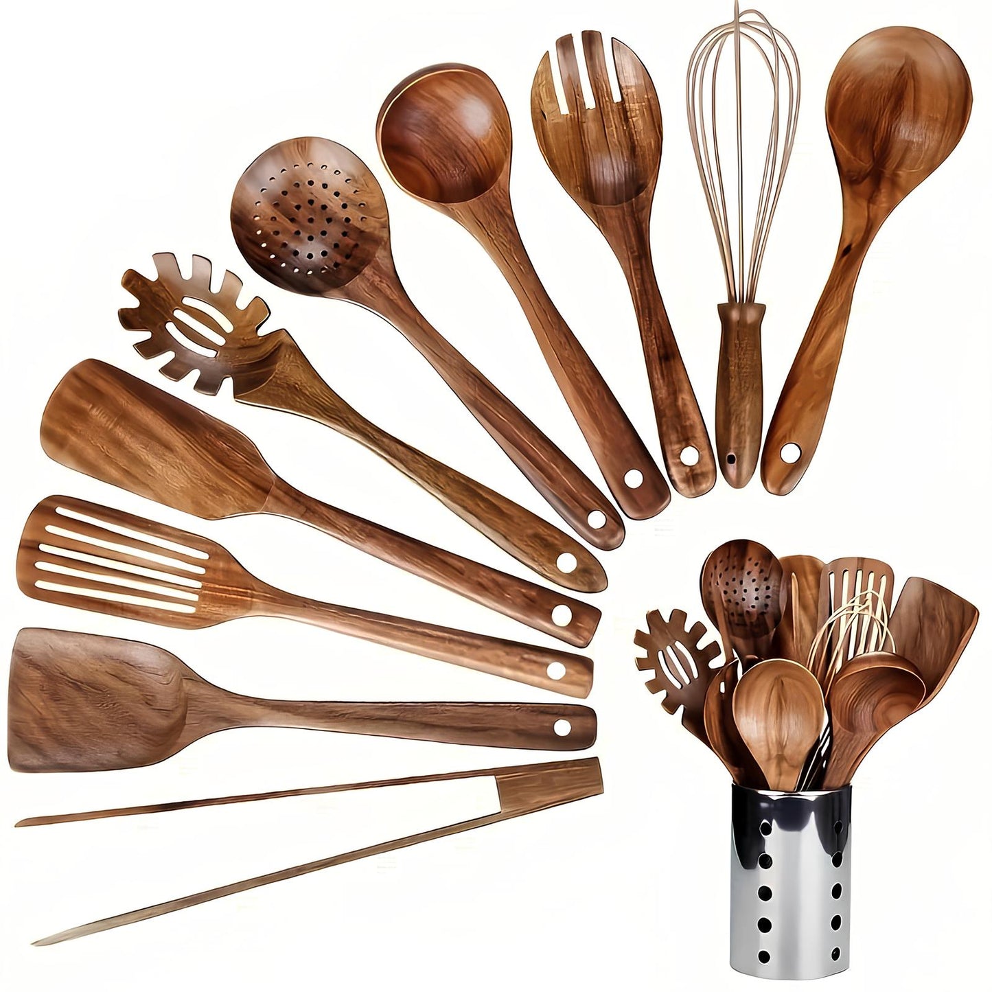 Skorter | 11-Piece Kitchen Utensil Set Made of Teak – Including Holder – Natural Look for the Kitchen