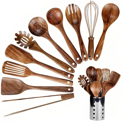 Skorter | 11-Piece Kitchen Utensil Set Made of Teak – Including Holder – Natural Look for the Kitchen