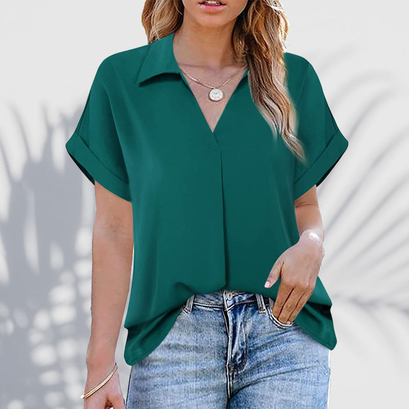 Skorter | Short Sleeve V Neck Solid Color Blouse