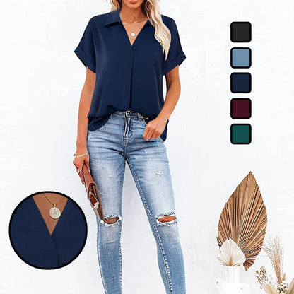 Skorter | Short Sleeve V Neck Solid Color Blouse