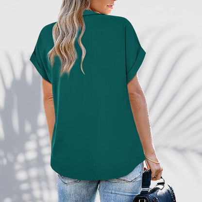 Skorter | Short Sleeve V Neck Solid Color Blouse