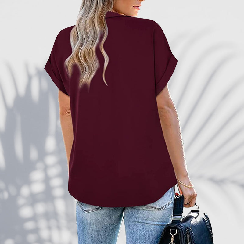 Skorter | Short Sleeve V Neck Solid Color Blouse