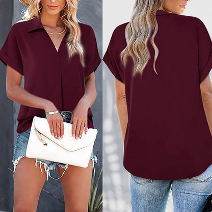 Skorter | Short Sleeve V Neck Solid Color Blouse