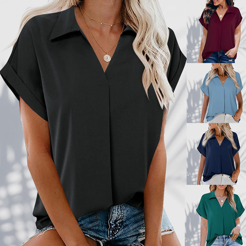 Skorter | Short Sleeve V Neck Solid Color Blouse