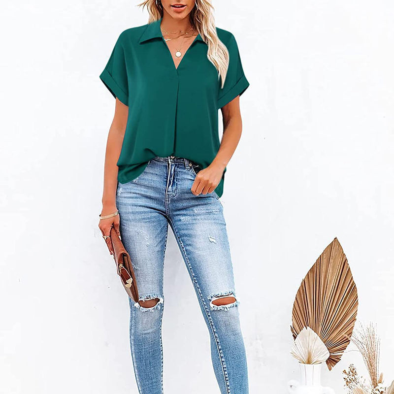 Skorter | Short Sleeve V Neck Solid Color Blouse