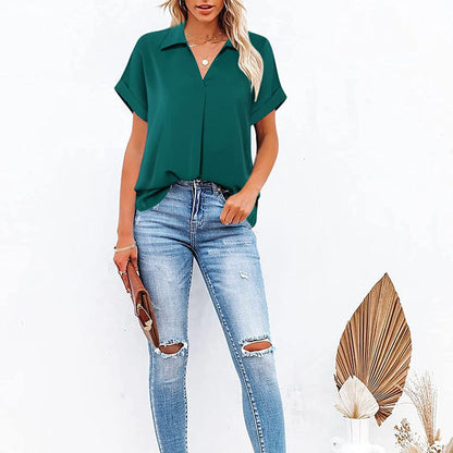 Skorter | Short Sleeve V Neck Solid Color Blouse