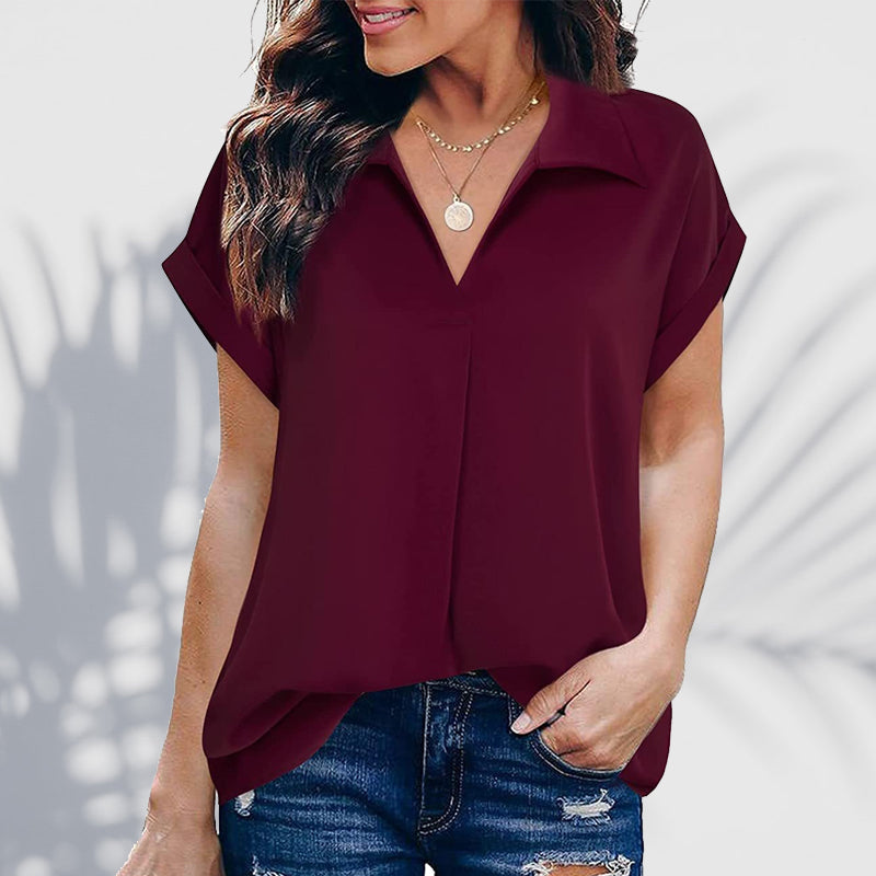 Skorter | Short Sleeve V Neck Solid Color Blouse