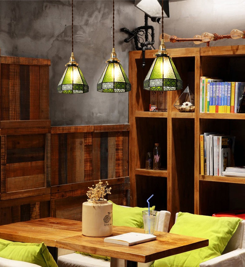 Skorter | Vintage Green Striped Speckled Bubble Glass Pendant Lamp