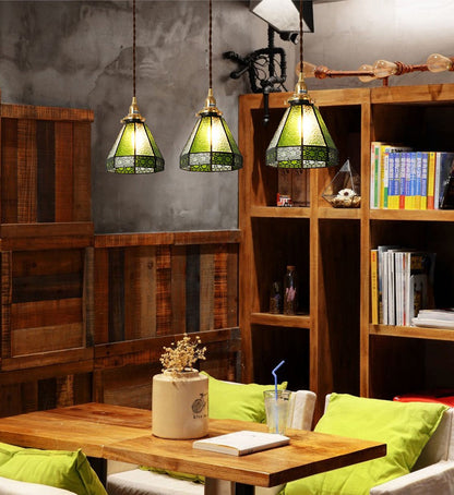 Skorter | Vintage Green Striped Speckled Bubble Glass Pendant Lamp