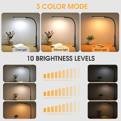 Skorter | LED Desk Lamp with Lamp, eye-friendly Clip-On Lights for the Home Office, 3 Modes 10 Brightness Levels, long flexible Gooseneck, Metal, Swing Arm Architect Task Desk Lamps with USB Adapter, White