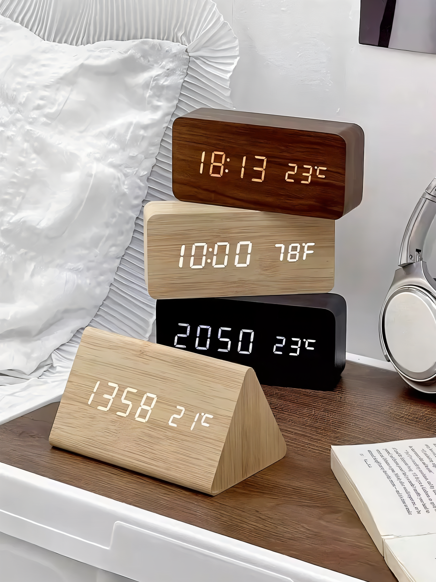 Skorter | WakeyCue | Modern Wooden LED Digital Alarm Clock with Temperature & Humidity Display